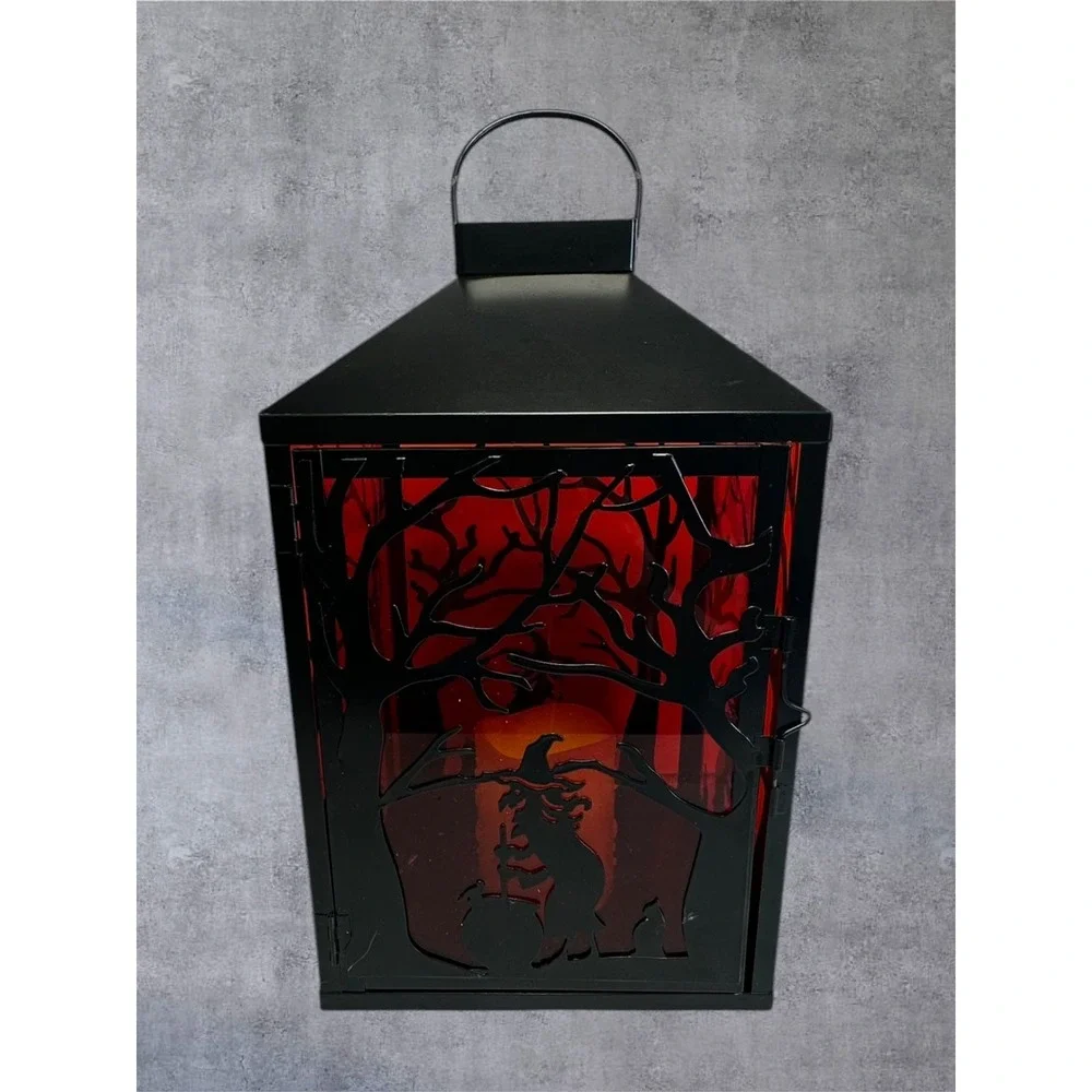 Illumination Halloween Witch Lantern LED Flameless Candle Black Red 13in Spooky